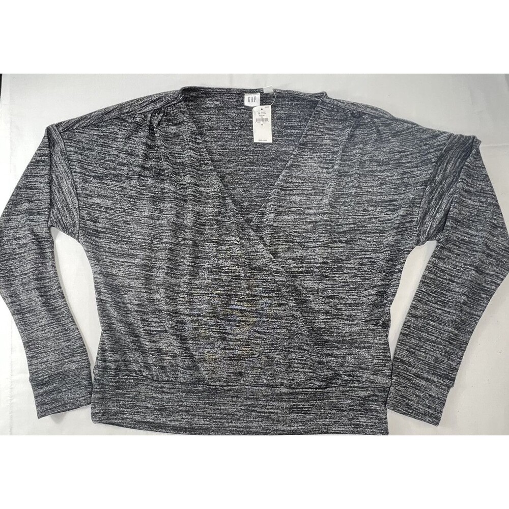Gap Womens Medium Gray Black Long Sleeve Faux Wrap Pullover V-Neck Sweater NWT